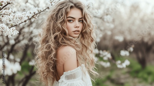 Young woman with curly blonde hair stands amidst blooming sakura trees, embodying serenity and natural beauty.