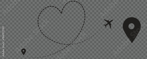 Plane path with location pins illustration with dotted love pattern line 