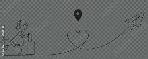 Tourist with luggage , Paper plane travell route line art