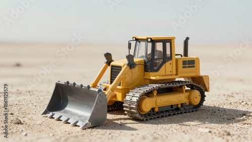 Toy bulldozer on sandy terrain