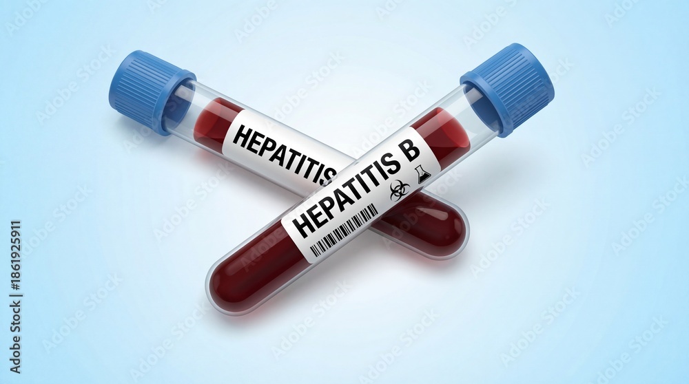 Obraz premium Blood test tubes labeled Hepatitis and Hepatitis B on a blue background