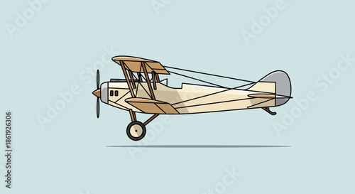 Stylized vintage biplane flying against a light blue background.