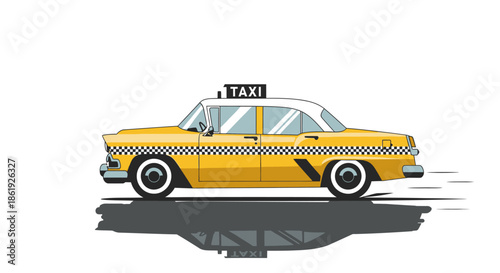 A vintage yellow taxi car drives fast in the city.