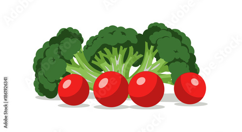 Fresh broccoli and ripe red tomatoes on a white background