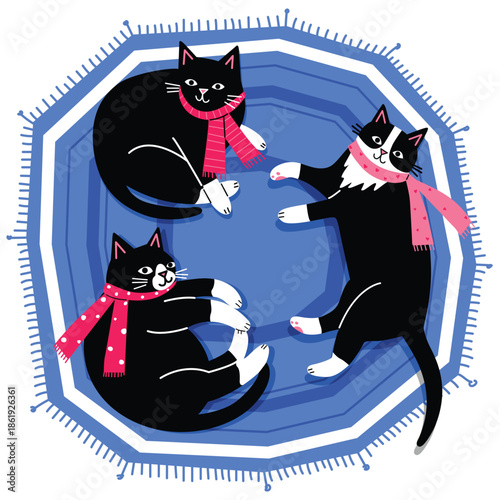 Cute Black Cats Wearing Scarves on Blue Rug. Vector Illustration of Cozy Winter Kittens.