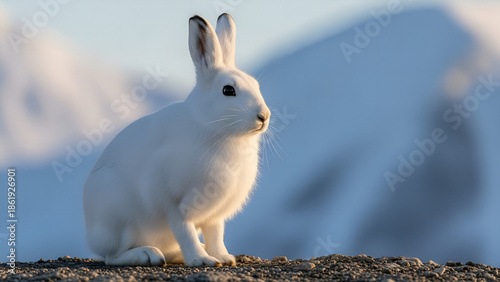 white rabbit on the ground, A realistic Arctic hare sitting on rocky tundra, covered in thick pure white winter fur, alert posture with upright ears, black eyes reflecting soft light, cold arctic envi