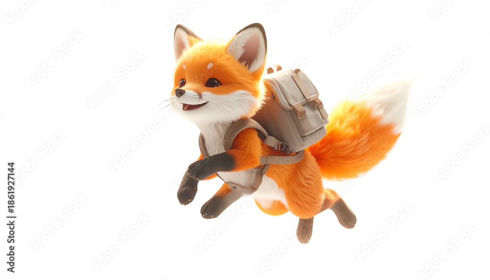 Fototapeta premium Animated orange fox with backpack smiling, in mid-leap, on a transparent background