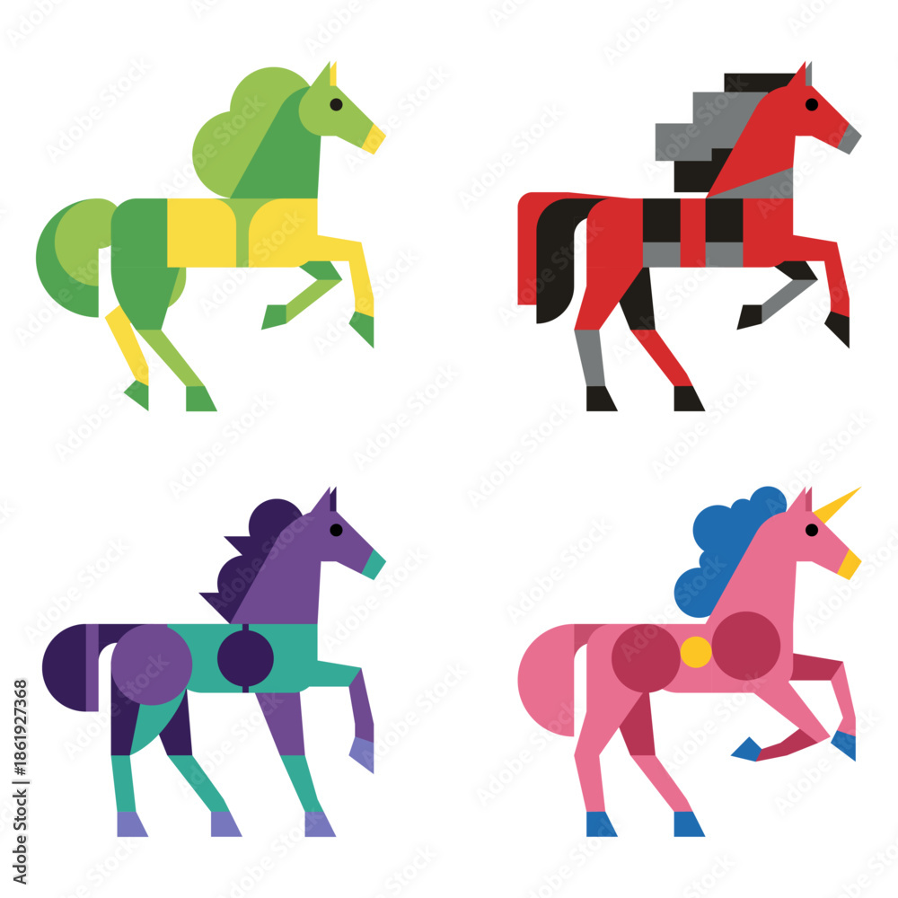 Fototapeta premium Stylized Geometric Cartoon Horse Illustrations (Vibrant Flat Design Characters)