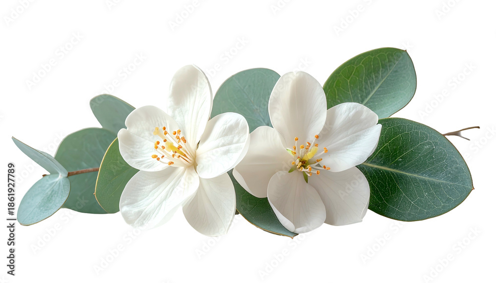Obraz premium Two white blossoms with yellow centers, framed by green eucalyptus leaves