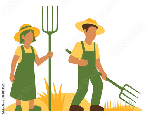 Two farmers in straw hats and overalls tending to fields with pitchforks.