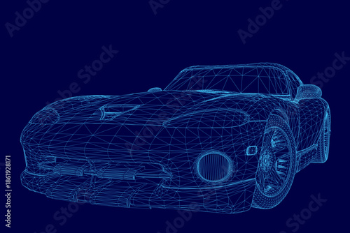 A sleek sports car wireframe model with detailed chassis and aerodynamic contours floats on a solid blue background.