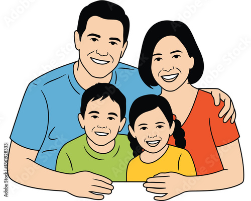 Happy diverse family of four smiling together, showing unity and love