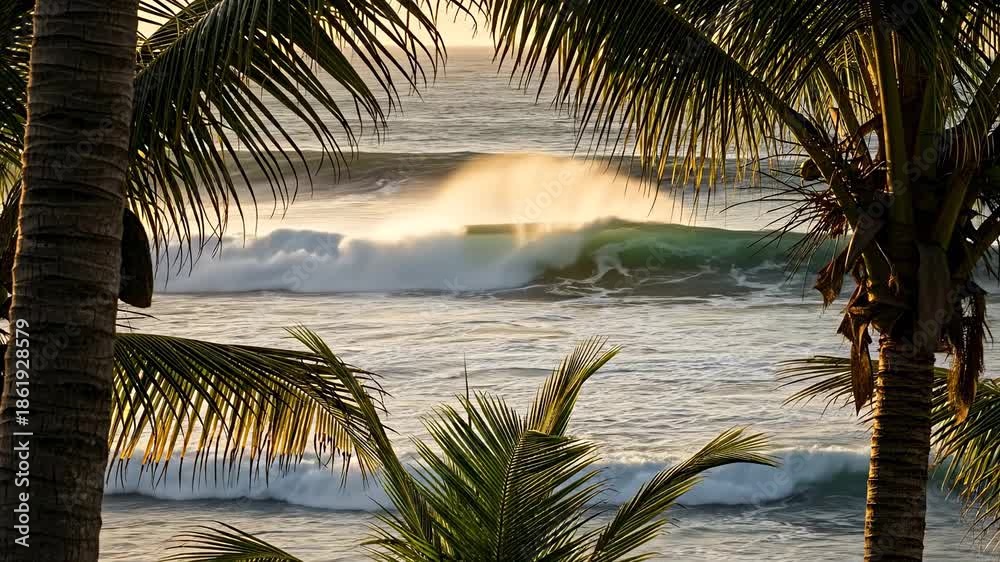 custom made wallpaper toronto digitalTropical Paradise - Waves Crashing on Shore Through Palm Trees at Sunset.