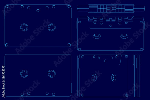 Cassette tapes in a symmetrical blueprint design on a solid blue background. Each tape has a distinct contour and size, creating a modern set graphic.
