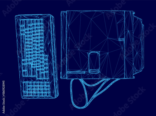 A retro computer keyboard and mouse rendered as a blue wireframe design. The intricate geometric shapes and lines create a unique digital workspace concept.