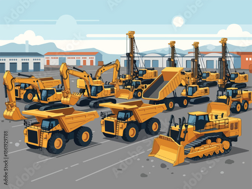 A fleet of yellow construction vehicles parked in an industrial yard