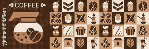 Abstract bakery food mosaic with teapot muffin and drip coffee glass elements.