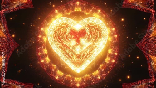 Burning heart artwork with mandala style. A glowing heart with intricate details framed by an artistic mandala