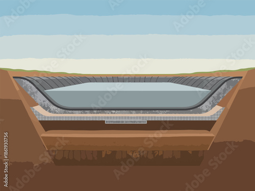 Crosssection diagram of an lined containment pond structure