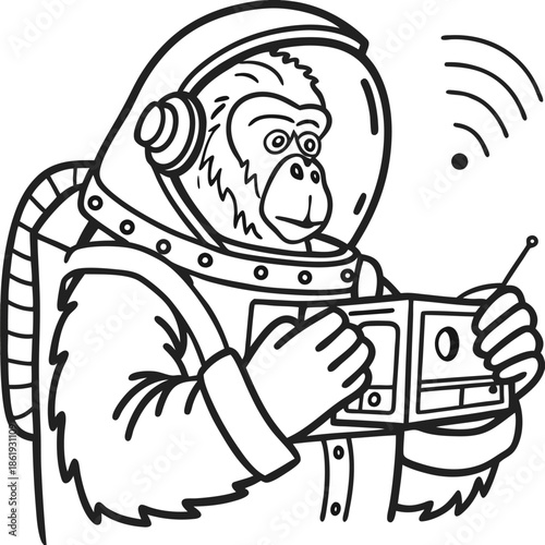 monkey astronaut with radio communication device in space suit helmet exploring space transmission signals
