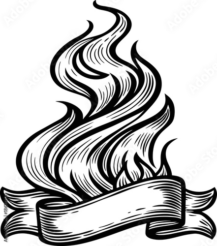 Flaming fire emblem with blank ribbon banner for custom text hand drawn tribal flame design in black and white illustration