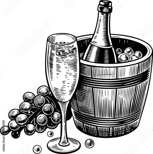 Champagne celebration set with bottle in ice bucket, filled flute glass, and grape cluster illustration