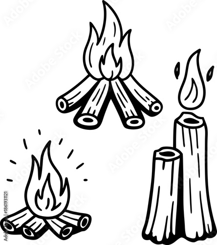black and white hand drawn campfire and candle flames illustration set, burning wood logs and glowing firelight elements