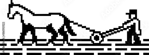 pixel art horse plowing field with farmer planting crops agricultural farming vintage 8 bit