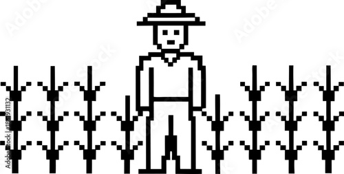pixel art farmer standing in cornfield with hat and overalls minimalist retro agriculture and farming concept