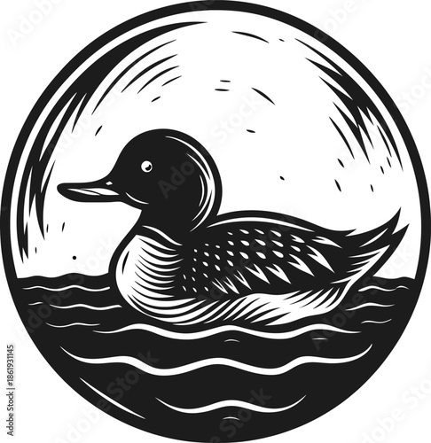 Duck swimming in water black and white circular woodcut illustration of waterfowl on wavy water surface