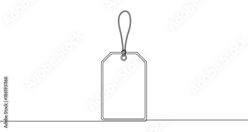 Rectangular tag or price tag with rounded corners, suspended on a loop. Drawing in one line art style with editable black stroke on a white background. Vector illustration.