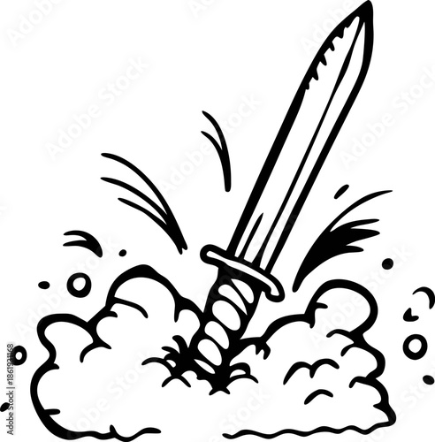 Sword plunged into dirt with dynamic splashes and dust cloud illustration