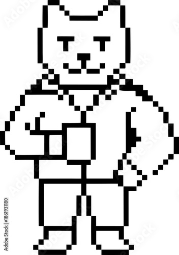 Pixel art character of standing cat holding a mug with one hand on hip in monochrome