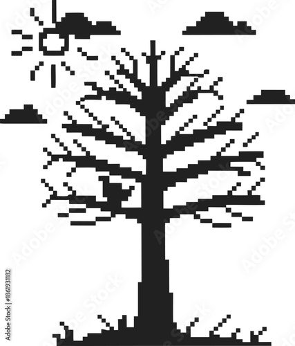 pixel art tree with crow perched on a branch under sun and clouds in black and white