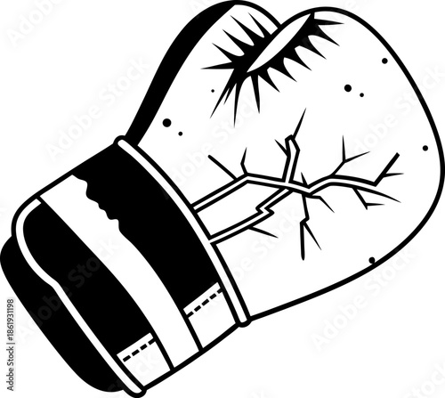 Worn broken boxing glove with cracks and damage, sports equipment illustration for fighting and training