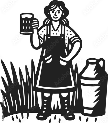 Woman holding a beer glass standing outdoors with grass and a jug, rustic countryside illustration design