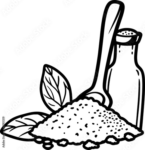 Salt heap with wooden scoop, bottle and basil leaves illustration natural seasoning ingredient, culinary herb, cooking flavor
