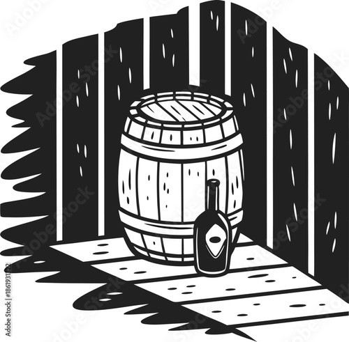 Wooden barrel and bottle beside rustic wood fence casting shadows on sunlit floor