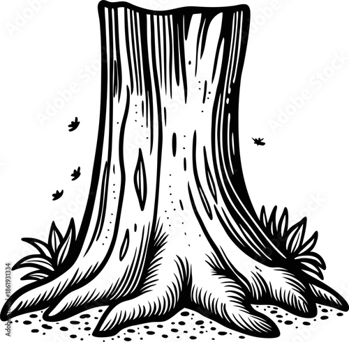 Old tree stump with roots and leaves, detailed black and white nature illustration