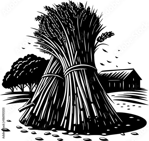 Bundles of wheat stalks tied together on farmland with trees and barn in the background