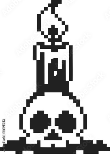 Pixel art skull candle burning with dripping wax and shadow silhouette on white background