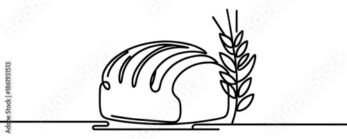 A bread loaf or baton next to several wheat ears. Drawing in one line art style with editable black stroke on a white background. Vector illustration.