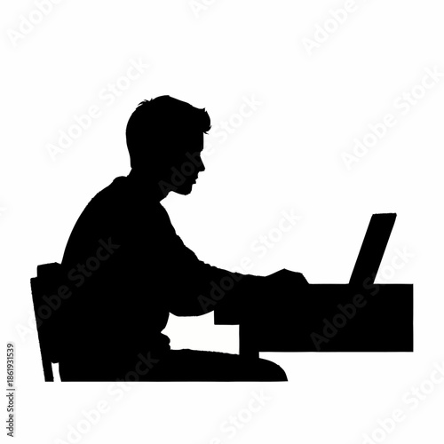 Man Sitting Using Laptop Computer Silhouette.