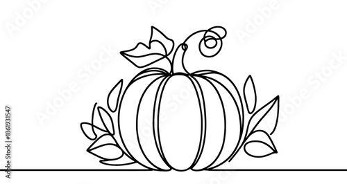 A ripe pumpkin with a segmented surface, decorated with leaves and a twisted tendril. Vector illustration.