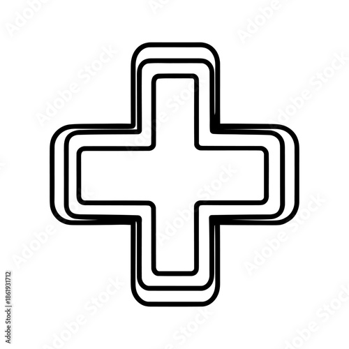 Medical cross (plus) icon. Symbol of first aid or mathematical operation: three parallel outline lines of various thicknesses. Vector illustration.