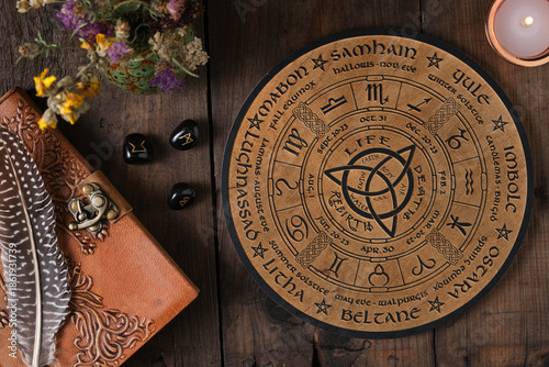 Konstfotografi Overhead view of a wooden Wheel of the Year engraved with the eight pagan festivals