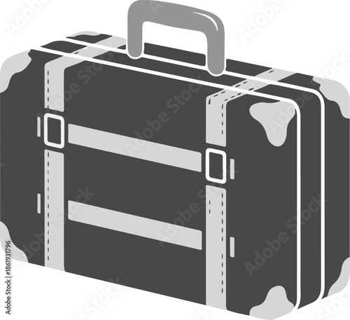 A vintage-style black suitcase with grey straps, reinforced corners, and a top handle. This minimalist vector icon represents travel, luggage, and journey preparation.