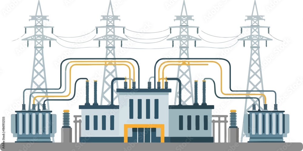 Obraz premium Electrical substation illustration with transmission towers transformers and connecting cables