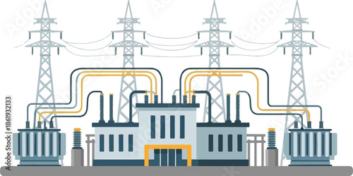 Electrical substation illustration with transmission towers transformers and connecting cables