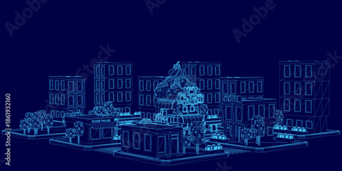 A wireframe town blueprint on a dark blue background features a detailed ice cream shop among outlined white buildings and trees.